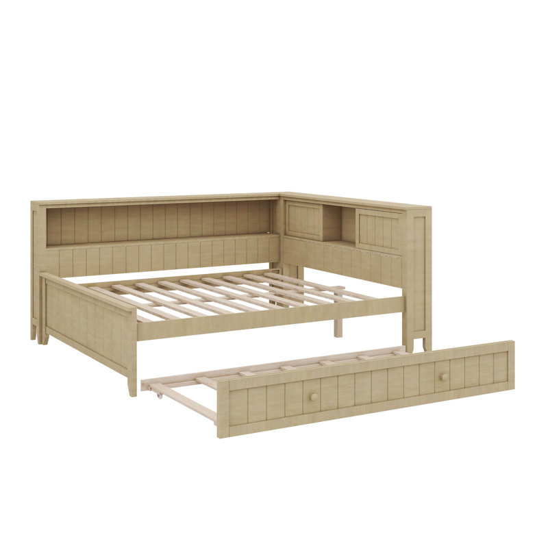 Lit de jour double en bois avec tablettes de rangement et lit gigogne