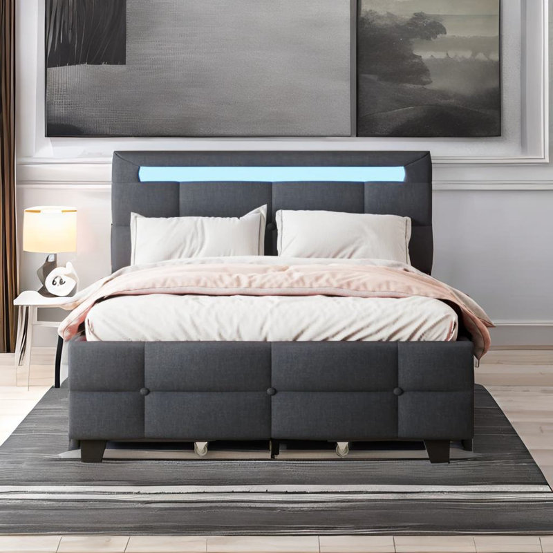 Lit plateforme tapissier avec rangement Duffey, Double, gris