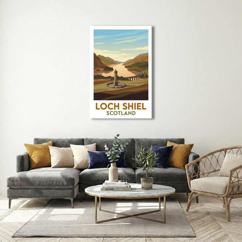 Loch Shiel, Scotland - Romantic Highlands Travel Poster, Misty Loch And Historic Tower. Giclee Print On Wrapped Canvas. Wall Art, Home Decor - Natural Landmarks, Scotland - Wrapped Canvas Print