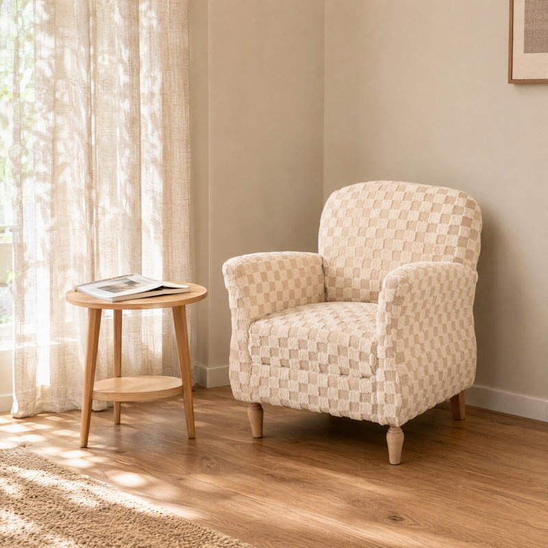Chaise d'appoint rembourrée à carreaux avec pieds en bois massif, Beige