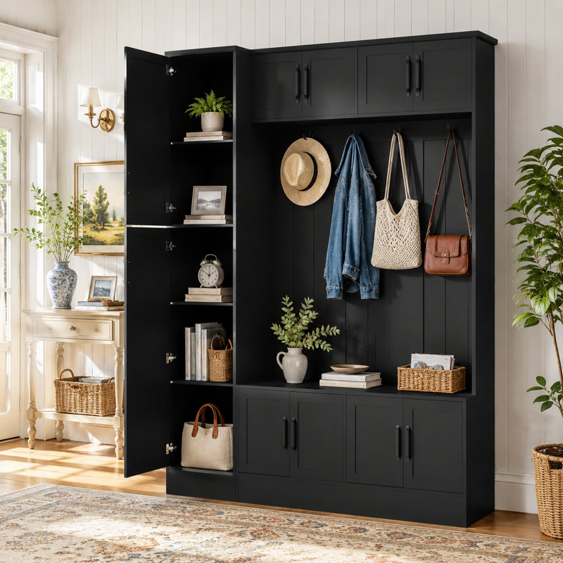 4-In-1 Modern-Style Entryway Shoe Bench — Black, Featuring 6 Cabinets & 4 Hooks — Adjustable Shelving Storage Unit For Living Room, Hallway, And Entryway