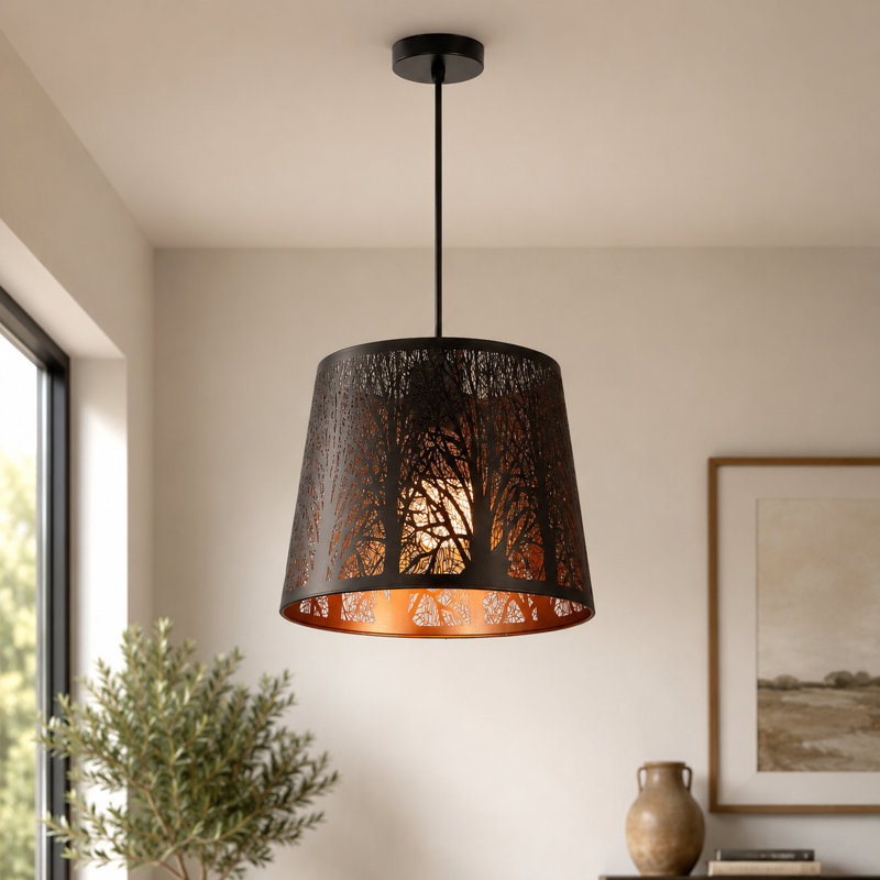 1 - Light 10" Rustic Modern Dimmable Drum Chandelier with Openwork Forest Silhouette Shade