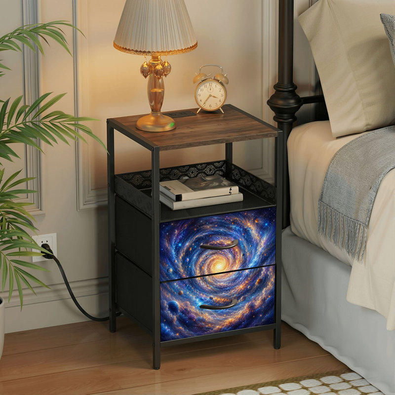 Table de chevet 2 tiroirs avec station de charge, table de chevet avec ports USB et amp; Table de chevet noire Outlets Outlet
