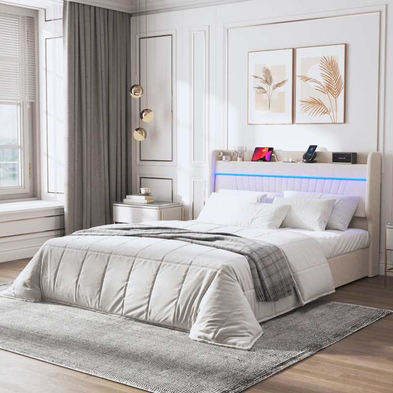 Structure de lit double avec tête de lit avec rangement, Grand, Beige
