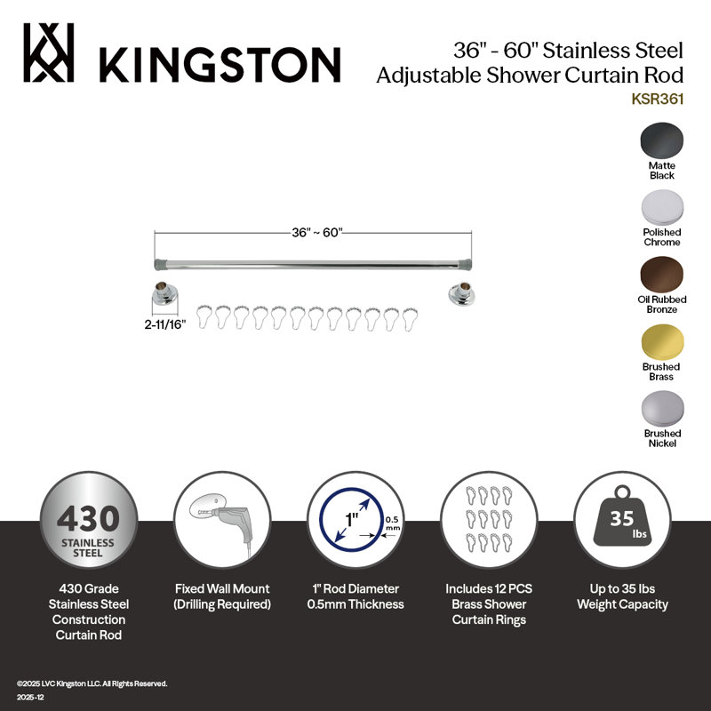 Kingston Brass Edenscape 36-Inch To 60-Inch Adjustable Shower Curtain Rod With Rings, Brushed Nickel