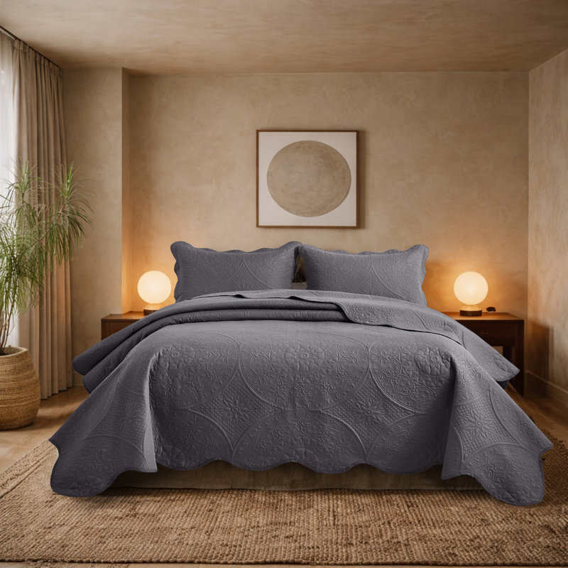 Floral Embossed Microfiber Quilted Bedspread Set, Gray, Queen Coverlet/Bedspread + 2 Standard Pillowcases