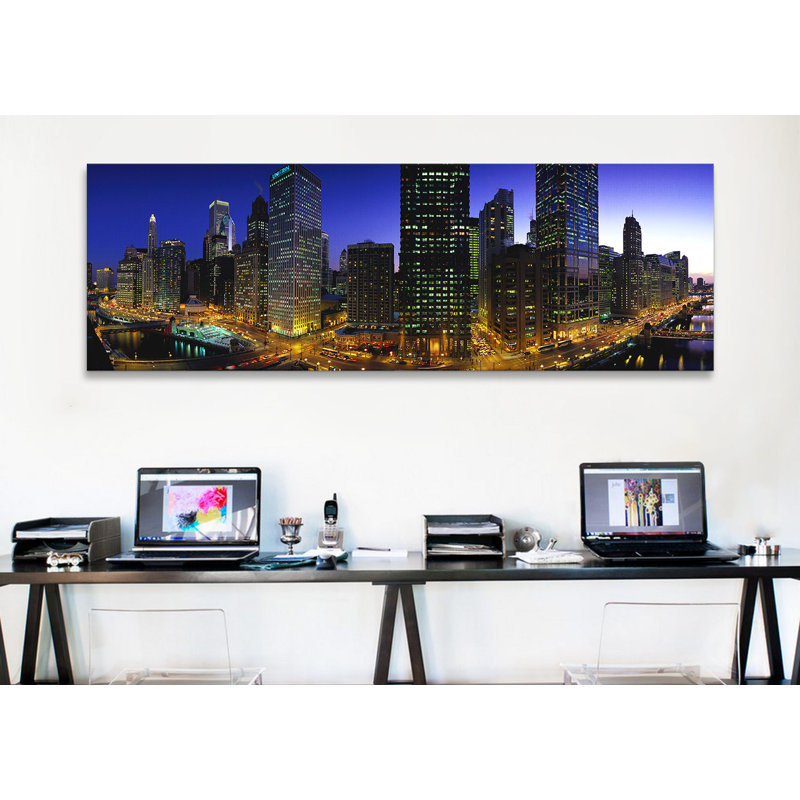 " Buildings Lit Up At DuskChicago, Illinois, USA " by Panoramic Images, 16" H x 48" W x 1.5" D, Wrapped Canvas