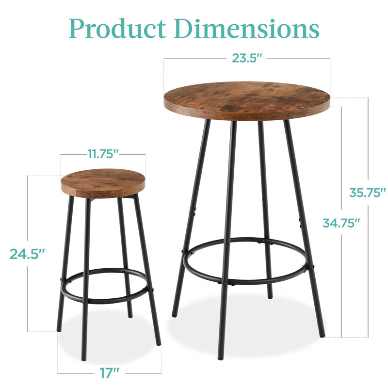 Sevon 3-Piece Bistro Set, Modern Round Counter Height Dining Set w/ 2 Stools, Metal Frame, Medium Brown