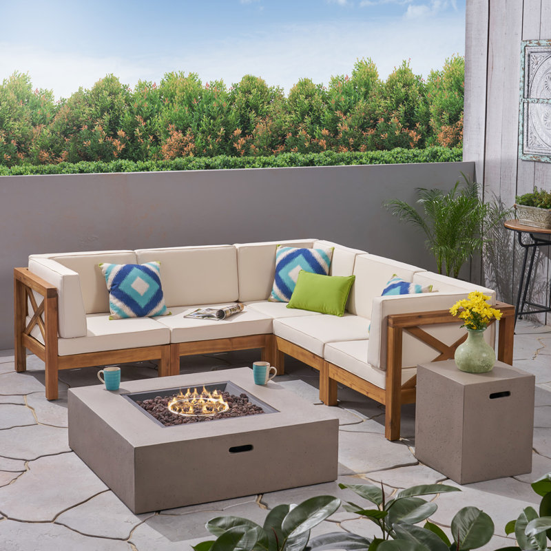Ensemble de canapé modulaire 5 pièces avec coussins, Structure teck / coussin beige