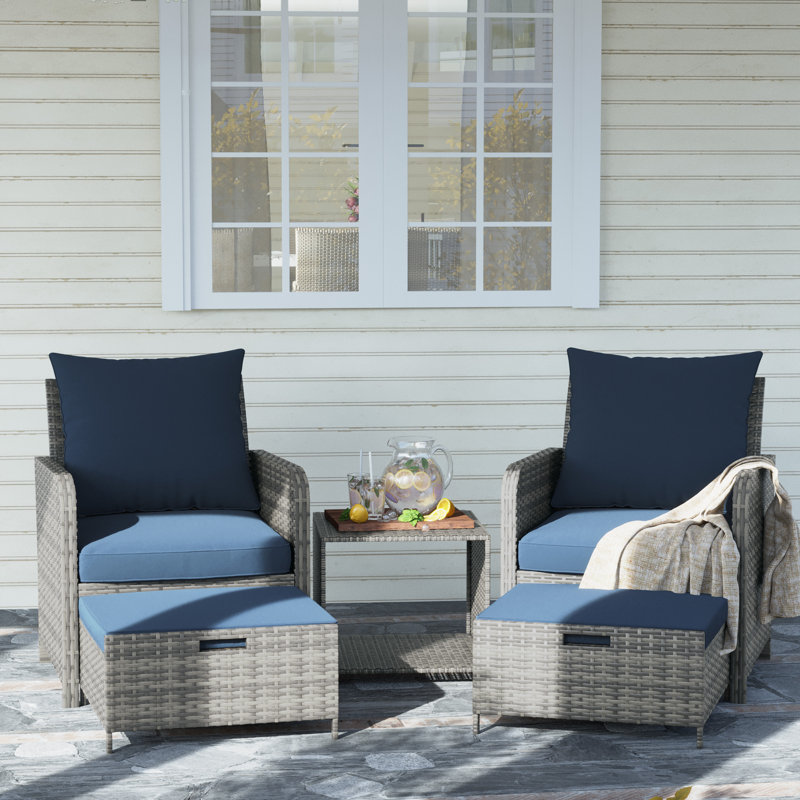 Eudy  Rattan 2 Person Patio Conversation Set PE Wicker with Ottomans, Navy, Gray