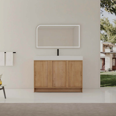 Meuble-lavabo autoportant avec lavabo en résine et 3 portes d'armoire à fermeture en douceur, contreplaqué
