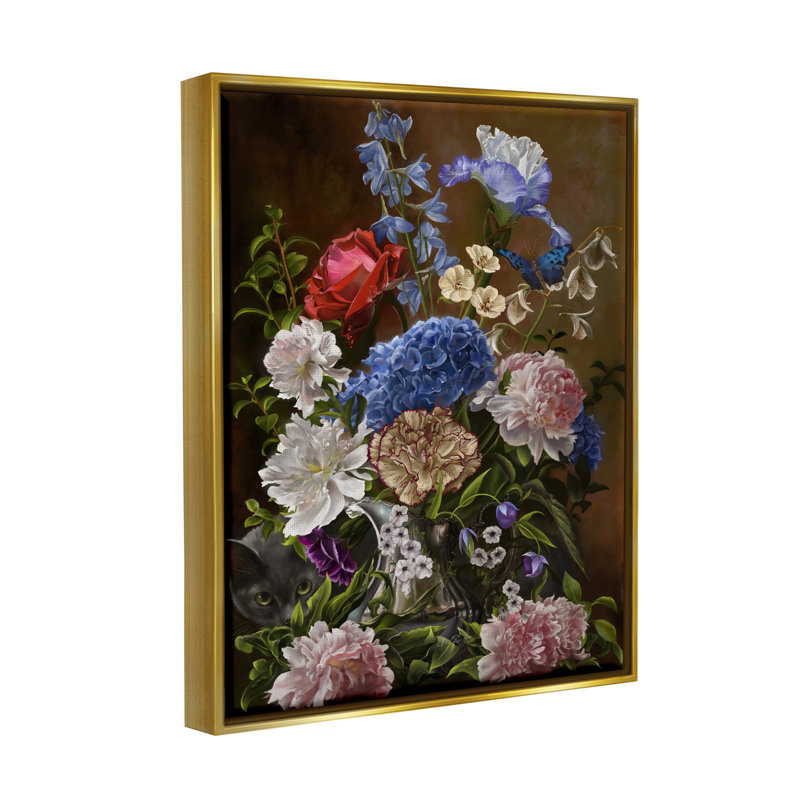 Fleurs et chat rétro, Cadre flottant métallique doré, H 31 po x l 25 po x P 1,7 po