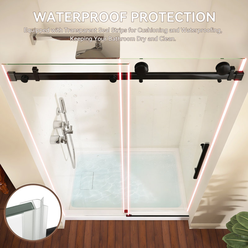 56" - 60" W X 76'' H Frameless Single Sliding Shower Door Bypass Matte Black Glass Door Alcove Bathroom Shower Door with Clear Tempered Glass
