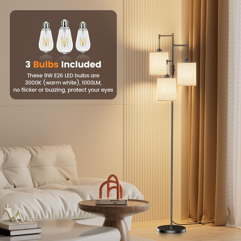 Lampe sur pied à branches à intensité variable avec abat-jour en lin