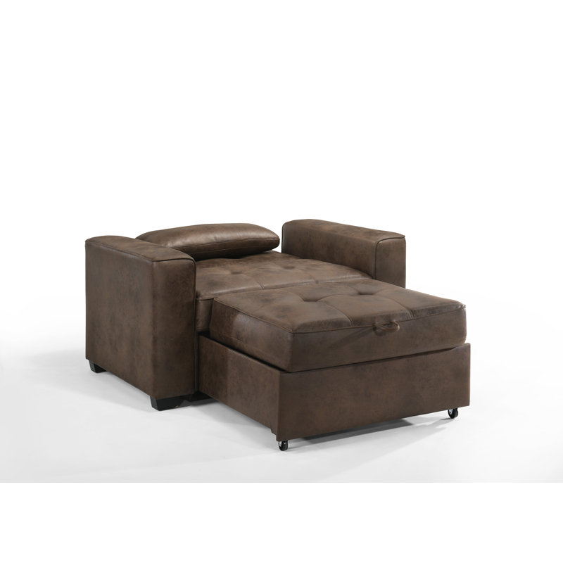 Kridia 77'' Faux Leather Reclining Sleeper Sofa, Walnut Faux leather, Twin