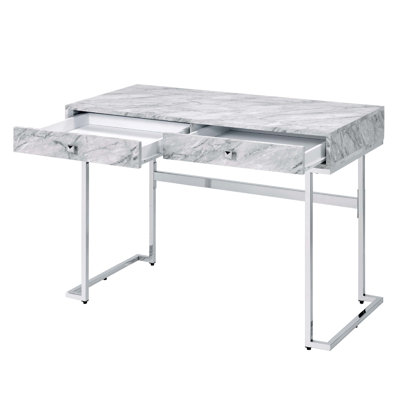 Rectangular Writing Desk, 2 Drawers, White Engineered Stone Top, Side Metal Glide, 1/2 Extension Function, Leg Space 35"l X 19"d 26", Drawer Dimension 18"l 15"d 2", Modern And Airy Design Drawers For