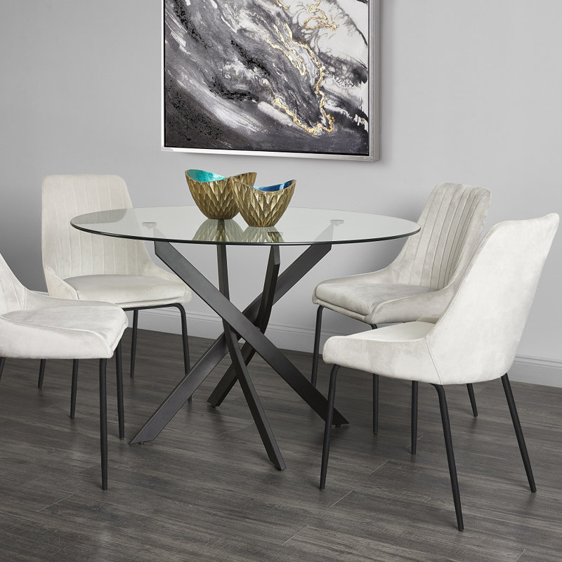 Gupton Round Glass Top Metal Base Dining Table, Black, 29.5”H x 47"L x 47"W