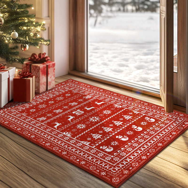 Tapis de Noël cerf rouge antidérapant lavable, Rectangle 3' x 5'