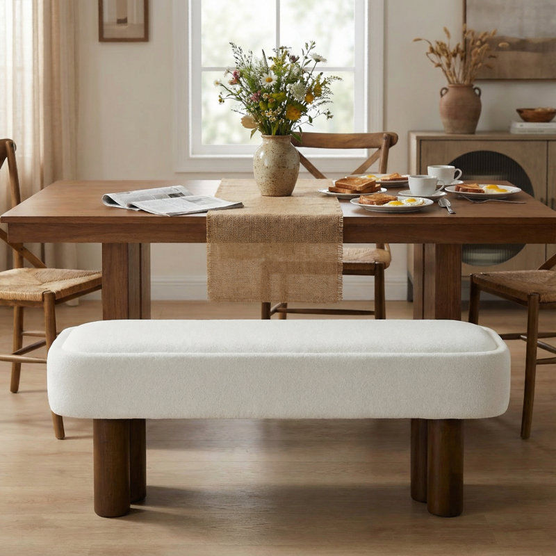 Karsen Mid-Century Modern Upholstered Dining Bench with Wooden Legs, Beige Polyester, 18.7" H x 51.57" W x 17.52" D