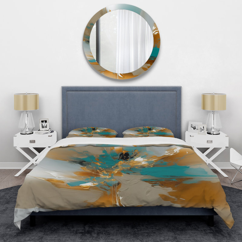 Gold And Turquoise Marble Fluid Ink I - Abstract Marble Duvet Cover Set - Microfiber Polyester