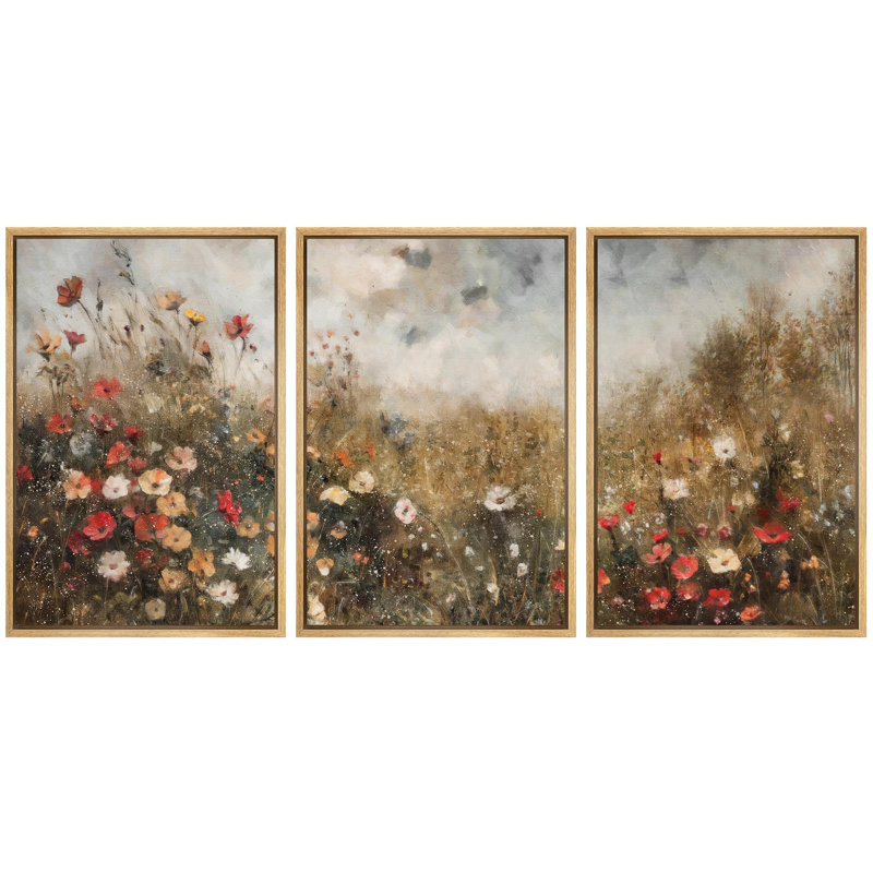 Wildflowers " Autumnal Flora Abstract Flower Field Contemporary Illustration Rustic Decor Multicolor Chic " 3 - Pieces