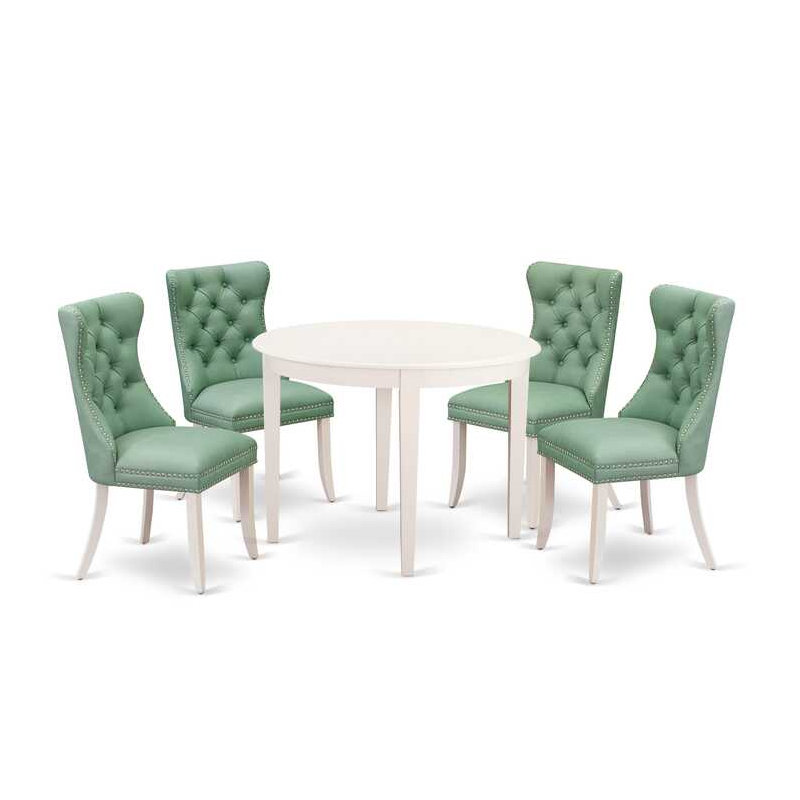5-Piece Linen White Solid Wood Top - Round Upholstered Dining Room Set - (Seats-4), Green