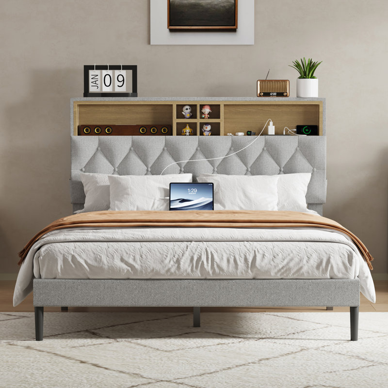 Bed Frame With 2-Tier Storage Adjustable Headboard & Charging Station, Solid And Stable, No Box Spring Needed, Noise Free, Easy To Assemble