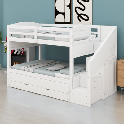 Lit superposé avec lit gigogne, escalier de rangement intégré, tiroirs et garde-robe