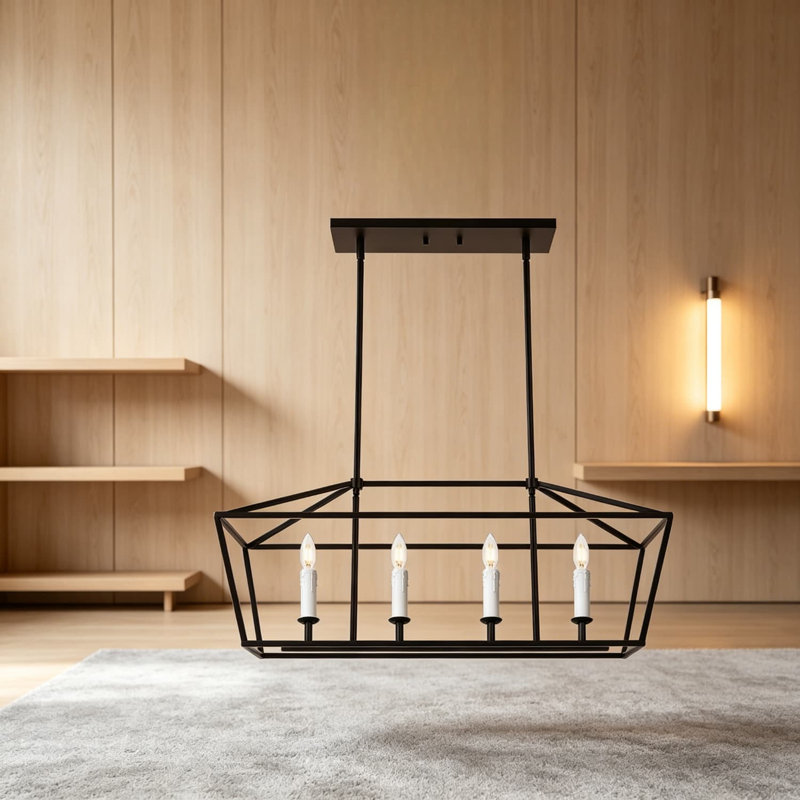 Luminaire suspendu pour îlot de cuisine 4 lumières, lustre de salle à manger de ferme sur table, structure géométrique à cage ouverte avec finition bronze huilé et base d'ampoule E12