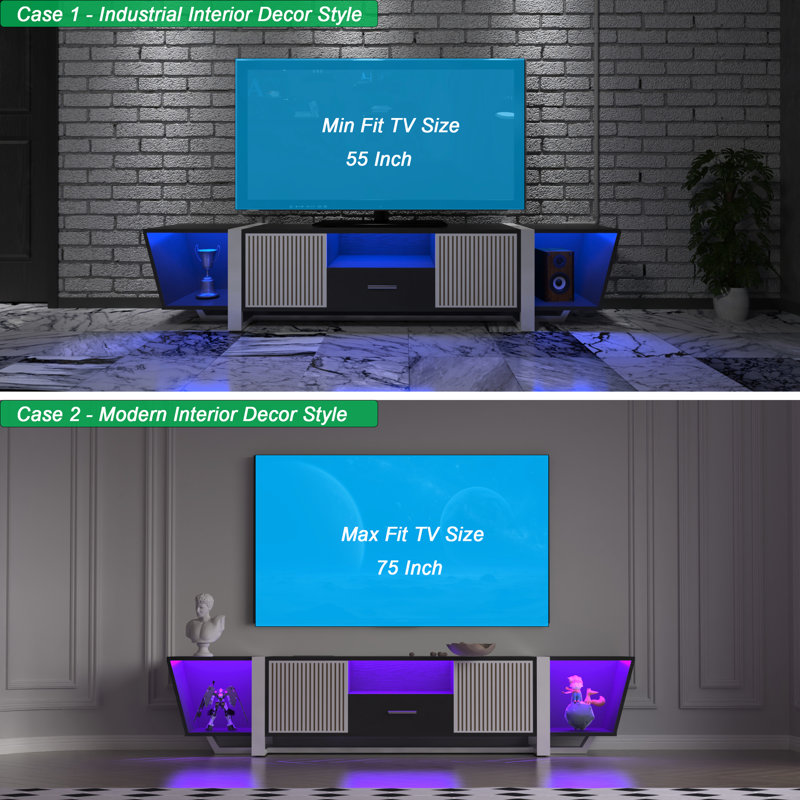 Console de télévision avec rangement de 71,78 po de profondeur et plusieurs lumières DEL multicolores noires en forme de biplane, centre de divertissement moderne pour 60 à 69 pouces