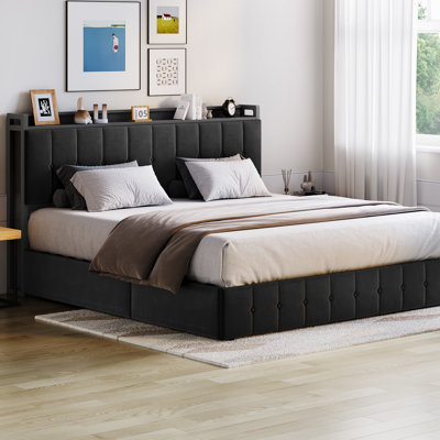 Très grand lit escamotable avec rangement, structure de lit tapissier en velours avec tête de lit, lit plateforme en métal, pas de sommier tapissier, lattes en bois massif, silencieux, noir