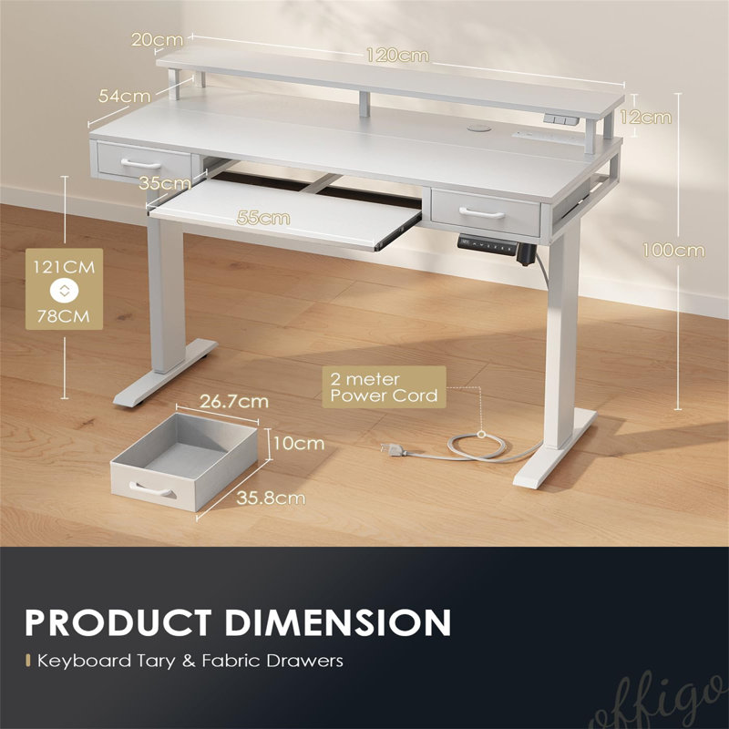 Desk With Keyboard Tray, Adjustable Desk With Monitor Stand, Height-Adjustable Gaming Table With Sockets And Light Bar