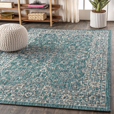 Haupt Vine and Border Textured Weave Teal/Gray Indoor/Outdoor Rug