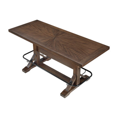 Vira Counter Height Table, Trestle Base, Metal Footrest, Brown Wood 78 Inch