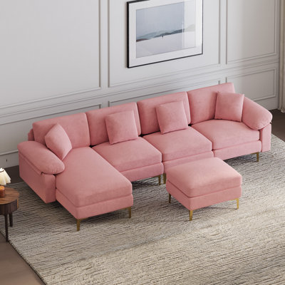 114" U Shaped Snow Fleece Sectional Sofa With Gold Hardware Legs