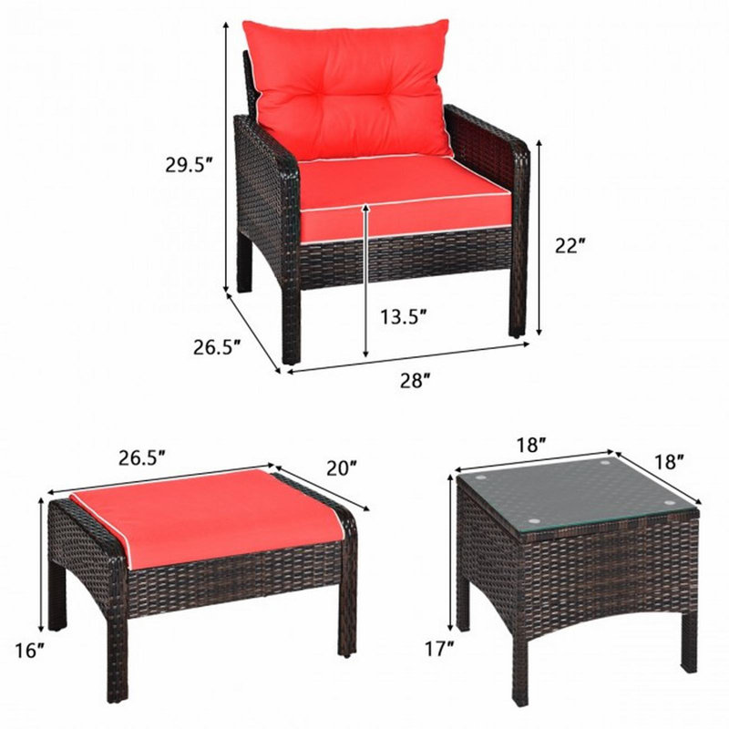 Ensemble de meubles de patio en rotin et osier 5 pièces, Rouge