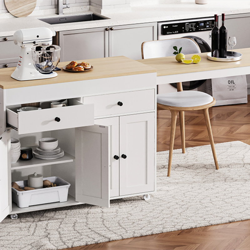 74.5 Inch Extendable Kitchen Island With Dining Table, Rolling Cart On Wheels, Spice Rack, And 2 Drawers For Versatile Storage And Space Efficiency