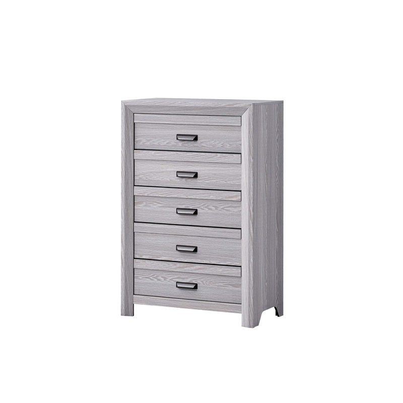 Commode contemporaine en bois à cinq tiroirs avec finition en bois flotté, parfaite pour les chambres rustiques et modernes