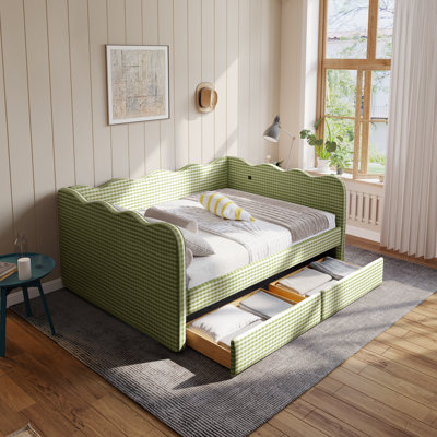 Gingham Daybed With 2 Storage Drawers And Usb Port, Wave-Shaped Design
