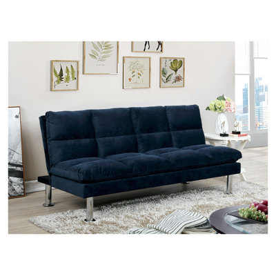 Canapé-lit futon contemporain en microfibre marine avec finition chromée et pieds de soutien supplémentaires