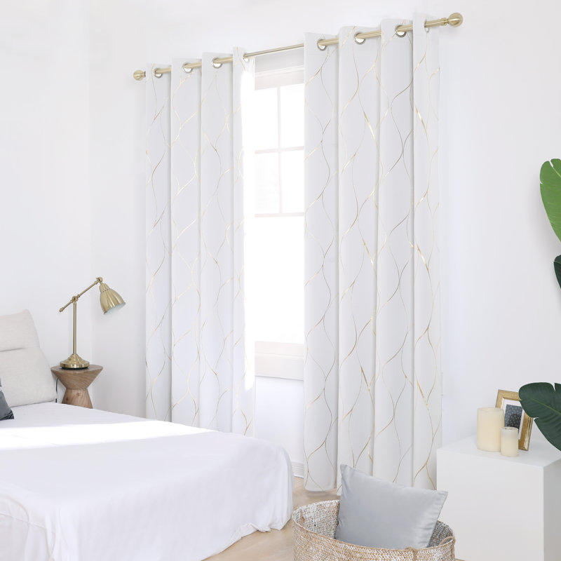 Grayish White-Gold Wave Blackout Grommet Curtains, 52x84 Inch, 2 Panels