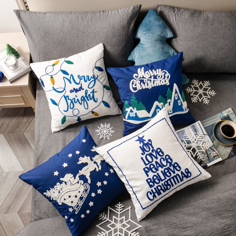 Phantoscope MC 4PC Collection Christmas Embroidered Decorative Holiday Series Throw Pillows, Covers with Inserts, 18" x 18", Set of 4