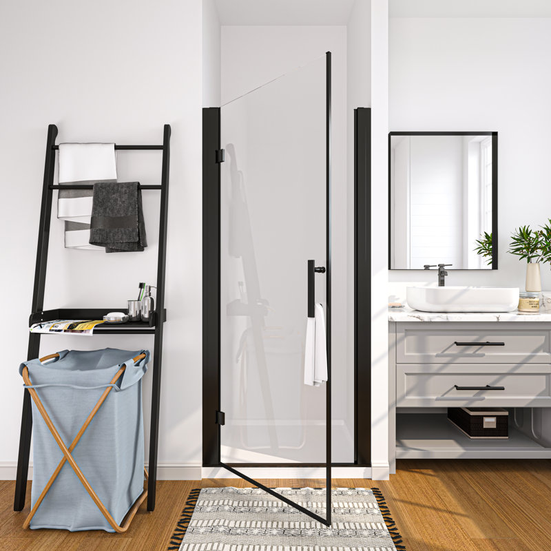 Porte de douche à charnière sans cadre avec verre transparent au fini noir mat l 34 po x H 72 po
