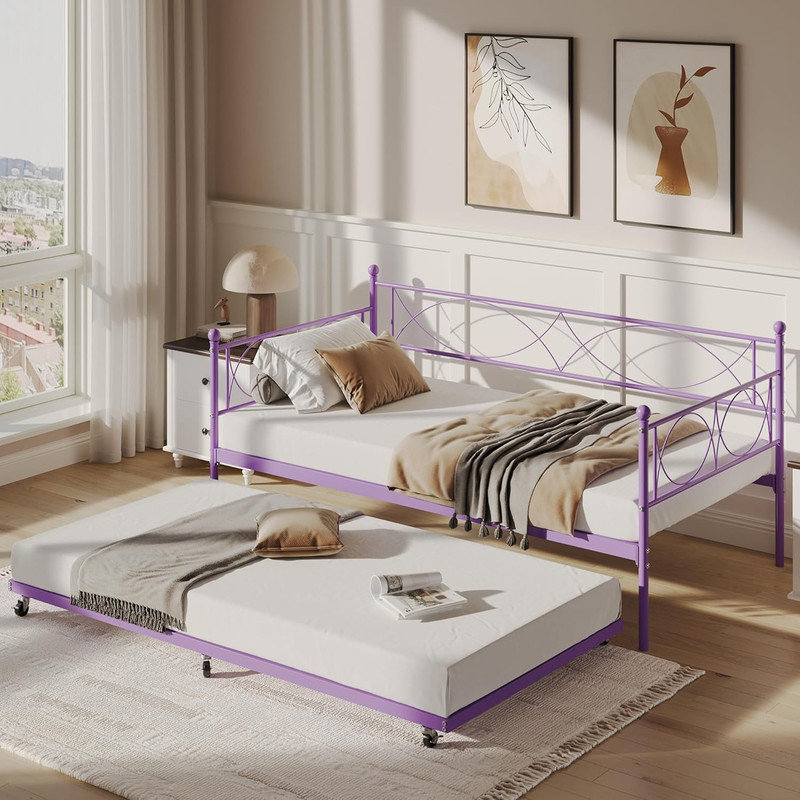 Metal Twin Daybed with Trundle, Steel Frame Space-Saving Sofa Bed for Bedroom, Guest Room, or Office, Purple
