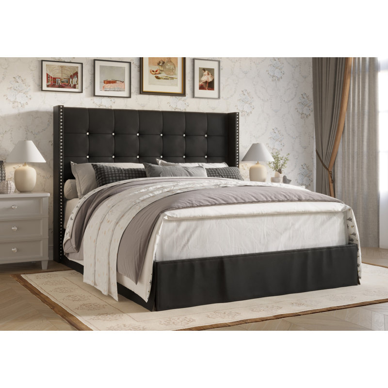 Aliviana Upholstered Wingback Platform Bed with Slat Kit, Twin, Black