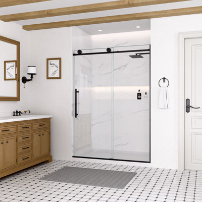 Mortix 48 po X P 74 po H Porte de douche coulissante simple sans cadre en noir mat avec transparent 5/16 po Verre