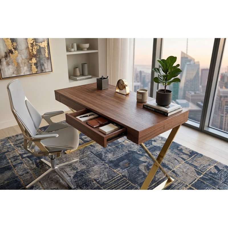 Pangea Home Alexa Modern Writing Desk – with Sleek Metal Steel Legs, Contemporary Executive Computer Table - Office, Bedroom, Entry - Walnut Brown Desk with Gold Legs