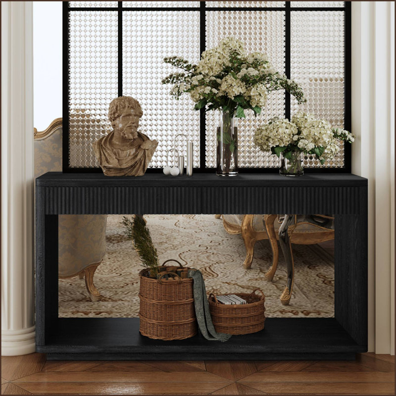 60" 2-Drawer Fluted Console Table For Living Room, Black