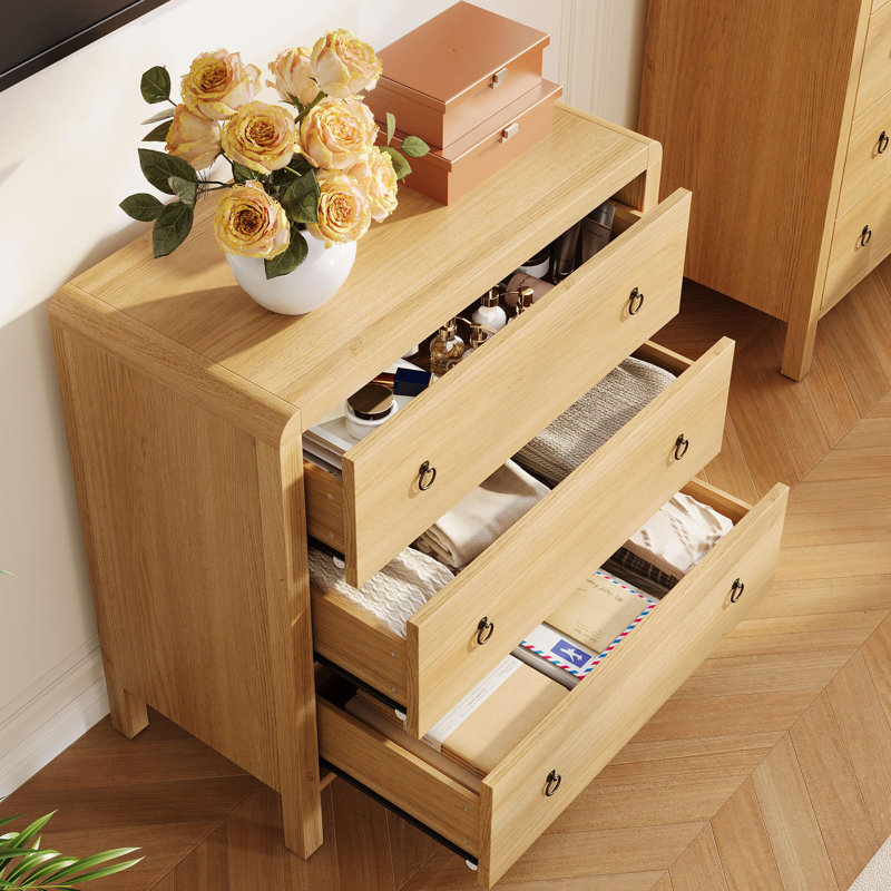 3 Drawer Dresser for Bedroom, 30" Tall Storage Chest, Nightstand with Large Clothes Organizer, Natural