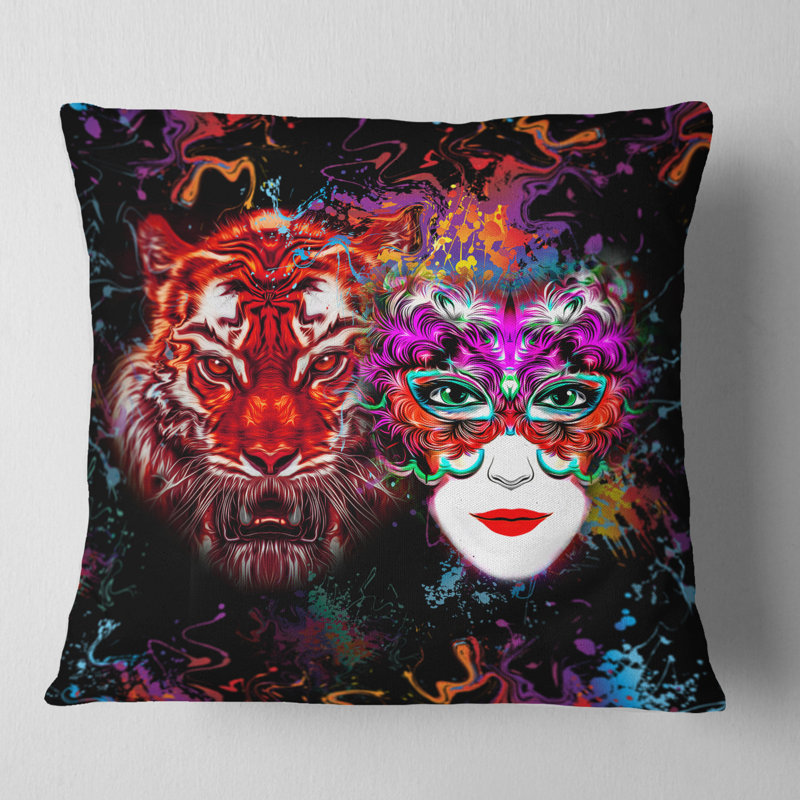 Tigre et femme visages colorés - coussin abstrait imprimé, 18 po x 18 po, Coussin décoratif